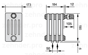 Схема (чертеж) Радиатор Zehnder Charleston 5019/4 №V008 Белый глянцевый RAL 9016